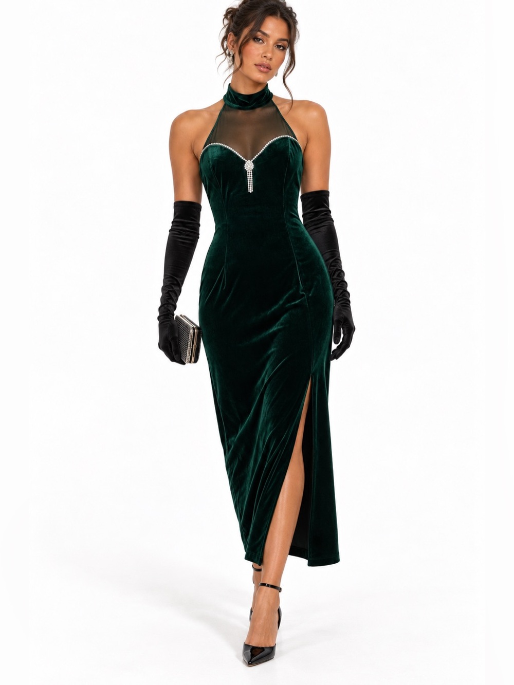 VINTAGE 90's Emerald Green Velvet Halter Evening Dress with Rhinestone Accent